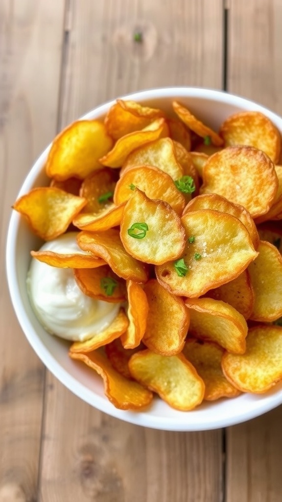 A bowl of crispy homemade potato chips with herbs and a dip on a rustic wooden table.